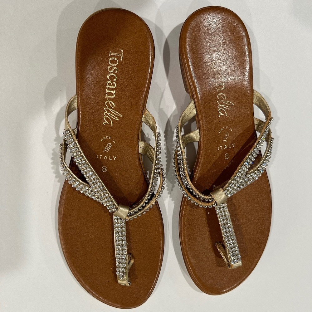 Toscanella‎ brown gold tone rhinestone thong sandal -  Size 8.